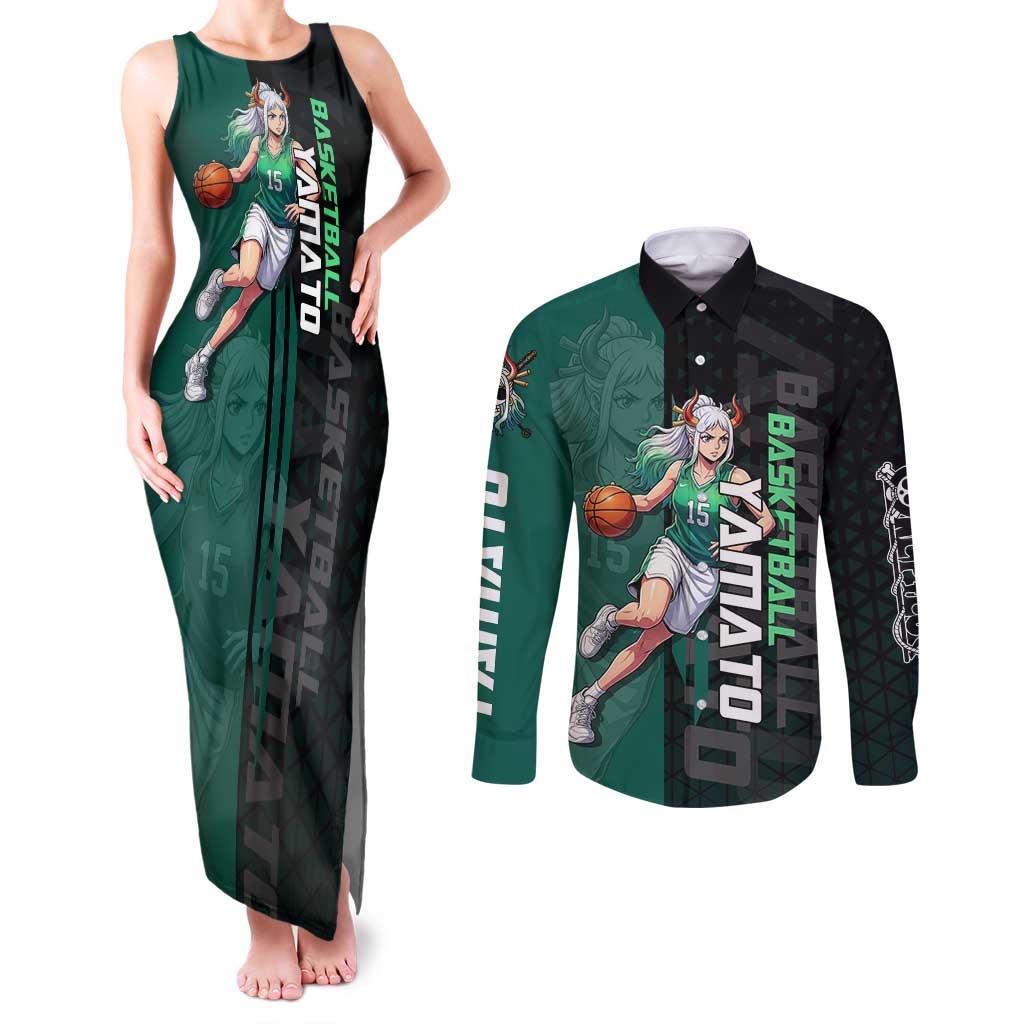 Yamato One Piece Basketball Theme Green and Black Design Couples Matching Tank Maxi Dress and Long Sleeve Button Shirt with Oni Mask Emblem and Dynamic Pose - The Mazicc