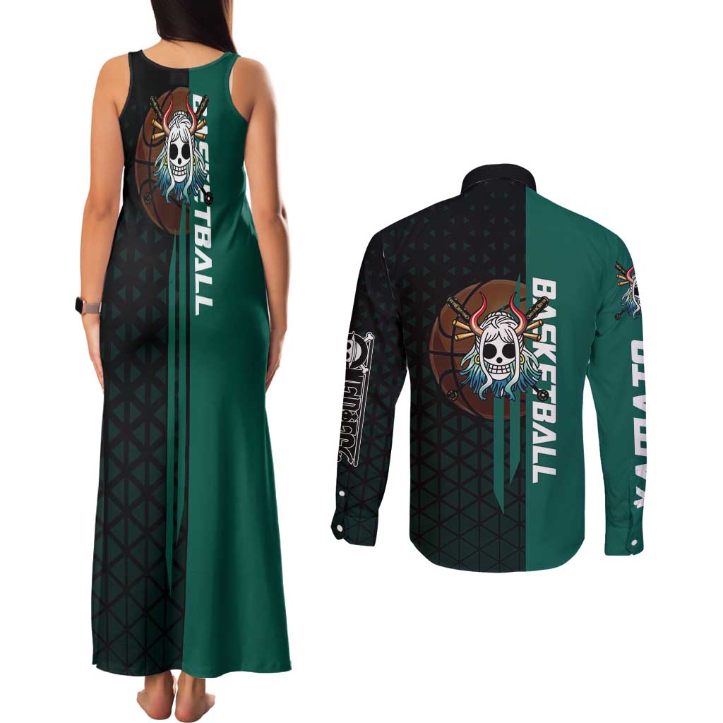 Yamato One Piece Basketball Theme Green and Black Design Couples Matching Tank Maxi Dress and Long Sleeve Button Shirt with Oni Mask Emblem and Dynamic Pose - The Mazicc
