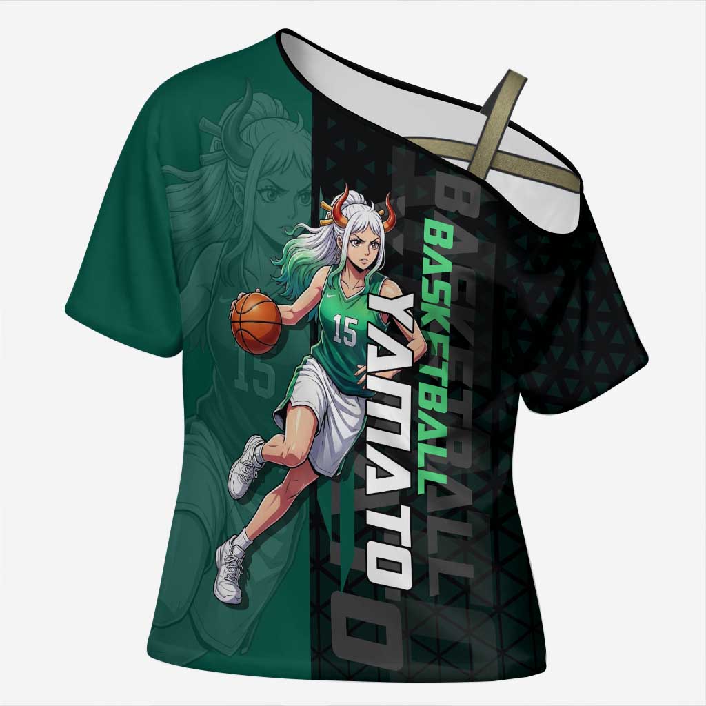 Yamato One Piece Basketball Theme Green and Black Design Cross Shoulder Shirt with Oni Mask Emblem and Dynamic Pose - The Mazicc