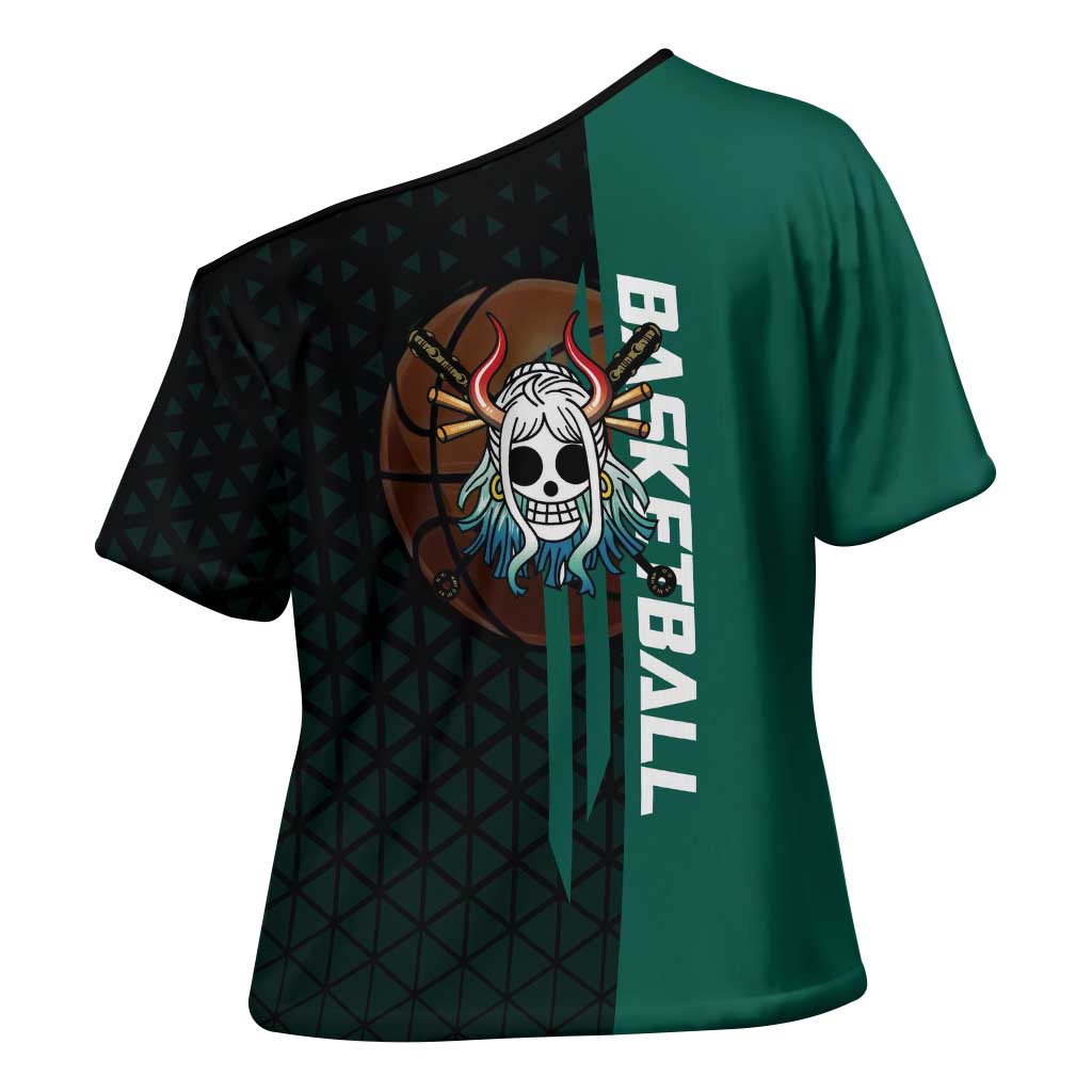 Yamato One Piece Basketball Theme Green and Black Design Cross Shoulder Shirt with Oni Mask Emblem and Dynamic Pose - The Mazicc
