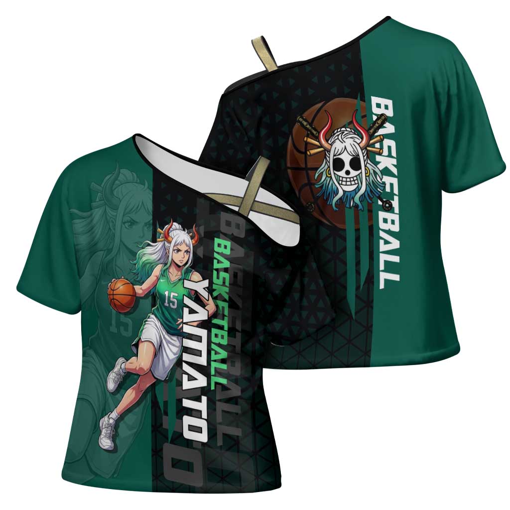 Yamato One Piece Basketball Theme Green and Black Design Cross Shoulder Shirt with Oni Mask Emblem and Dynamic Pose - The Mazicc