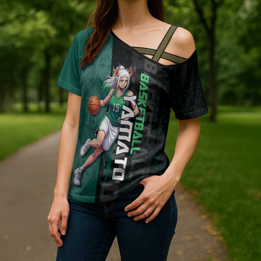 Yamato One Piece Basketball Theme Green and Black Design Cross Shoulder Shirt with Oni Mask Emblem and Dynamic Pose - The Mazicc
