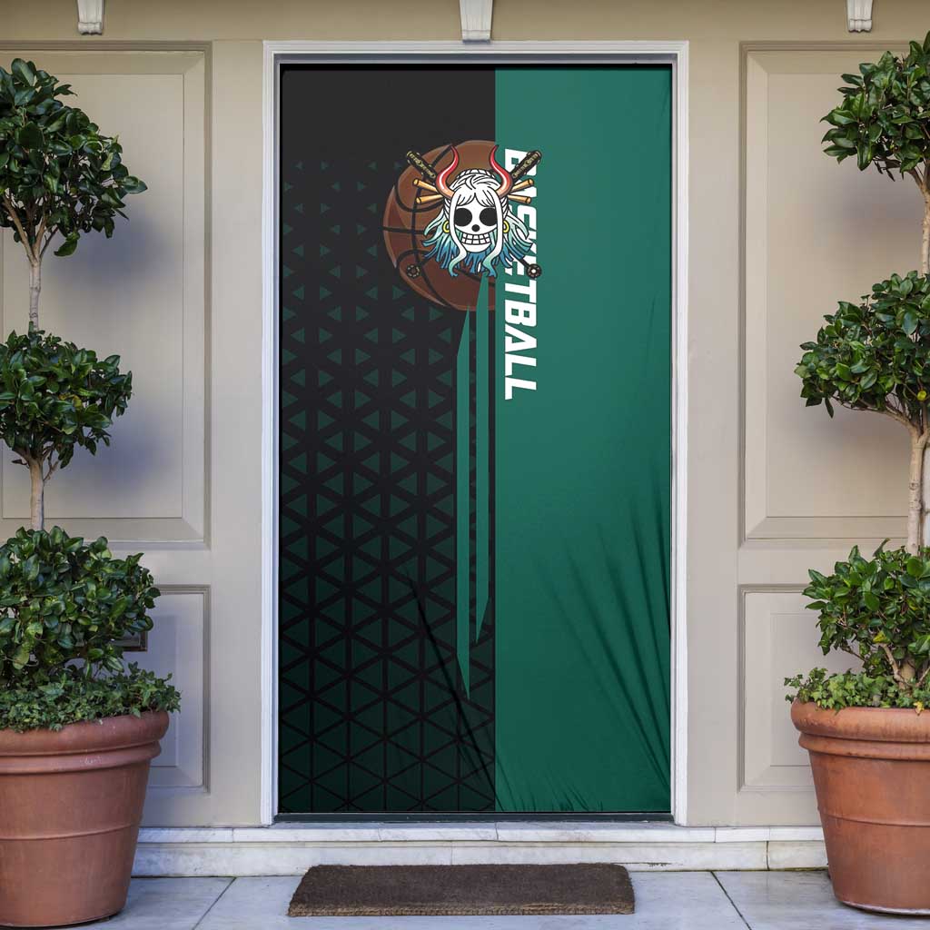 Yamato One Piece Basketball Theme Green and Black Design Door Cover with Oni Mask Emblem and Dynamic Pose - The Mazicc