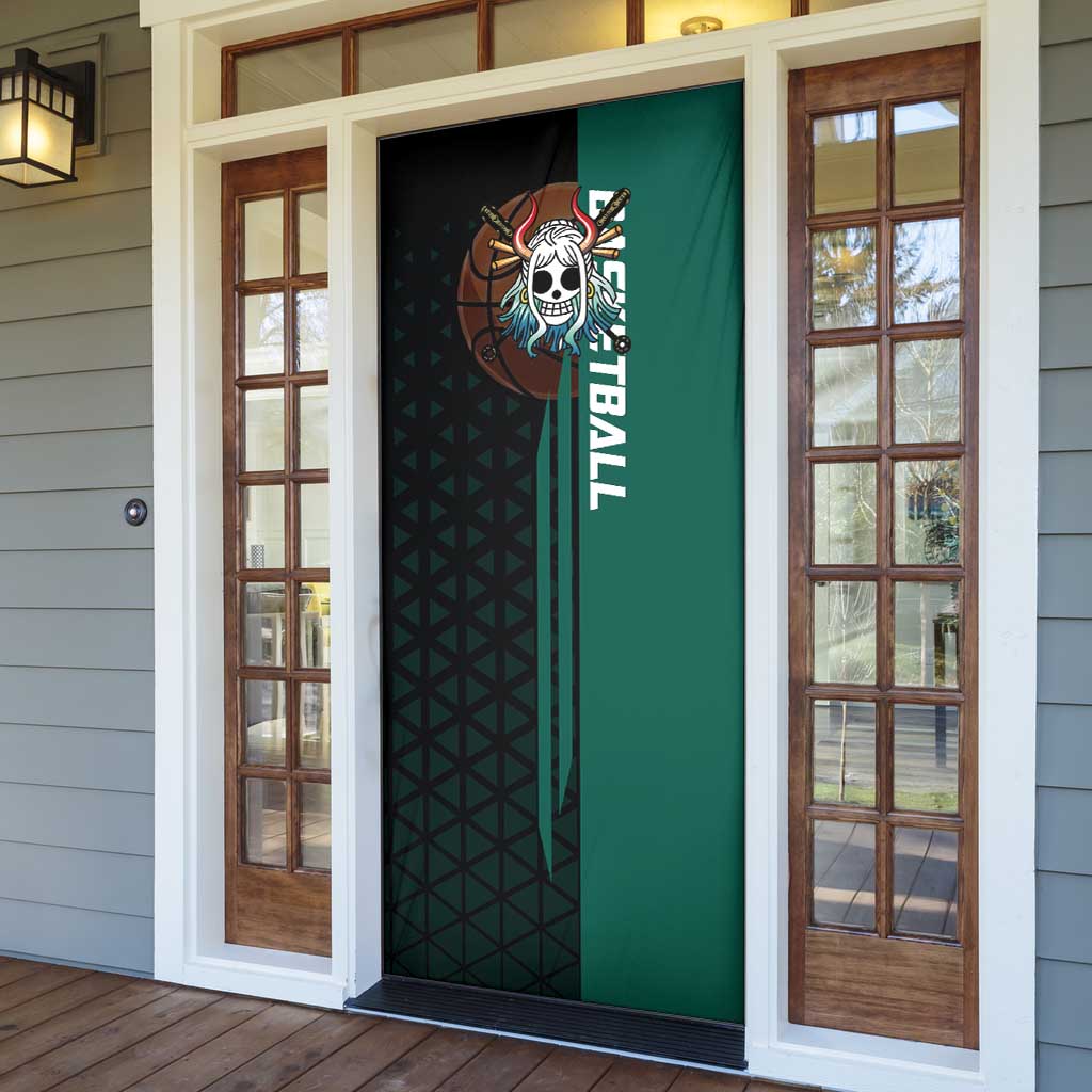 Yamato One Piece Basketball Theme Green and Black Design Door Cover with Oni Mask Emblem and Dynamic Pose - The Mazicc