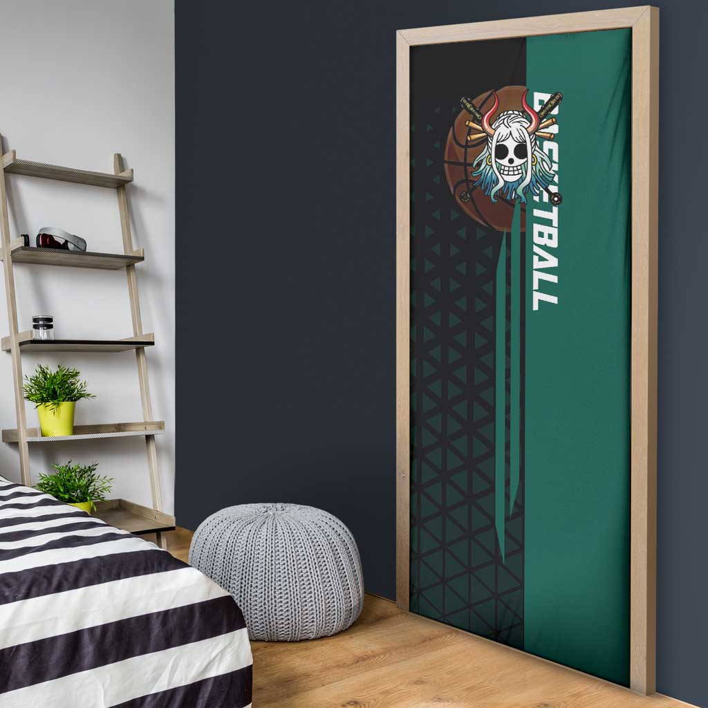 Yamato One Piece Basketball Theme Green and Black Design Door Cover with Oni Mask Emblem and Dynamic Pose - The Mazicc