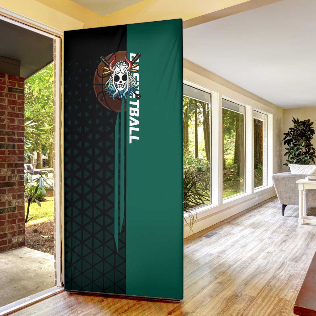 Yamato One Piece Basketball Theme Green and Black Design Door Cover with Oni Mask Emblem and Dynamic Pose - The Mazicc