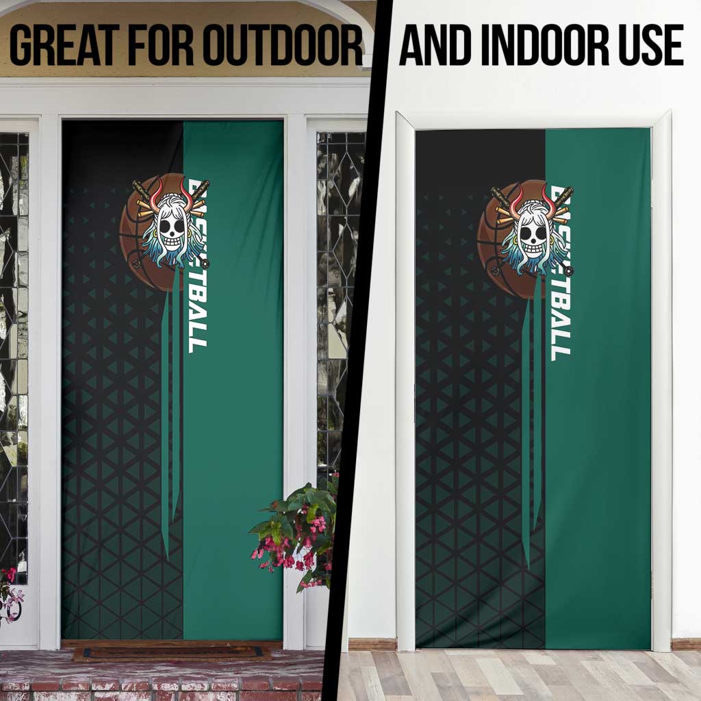 Yamato One Piece Basketball Theme Green and Black Design Door Cover with Oni Mask Emblem and Dynamic Pose - The Mazicc