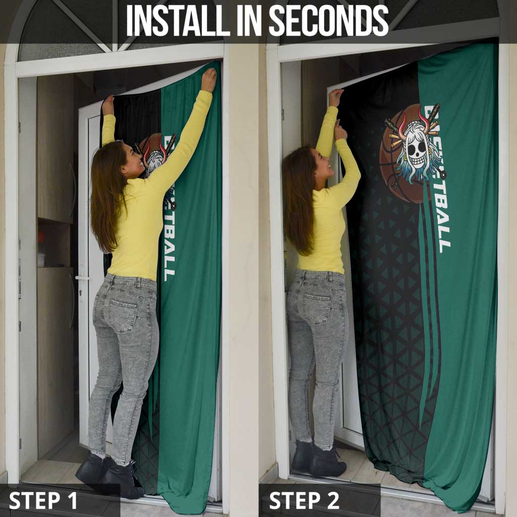 Yamato One Piece Basketball Theme Green and Black Design Door Cover with Oni Mask Emblem and Dynamic Pose - The Mazicc