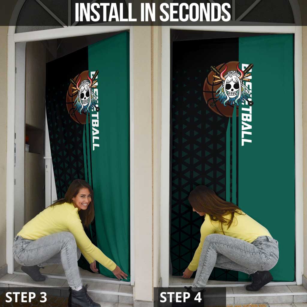 Yamato One Piece Basketball Theme Green and Black Design Door Cover with Oni Mask Emblem and Dynamic Pose - The Mazicc