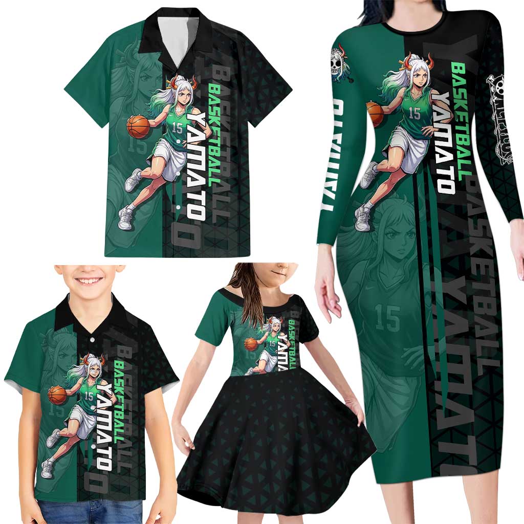 Yamato One Piece Basketball Theme Green and Black Design Family Matching Long Sleeve Bodycon Dress and Hawaiian Shirt with Oni Mask Emblem and Dynamic Pose