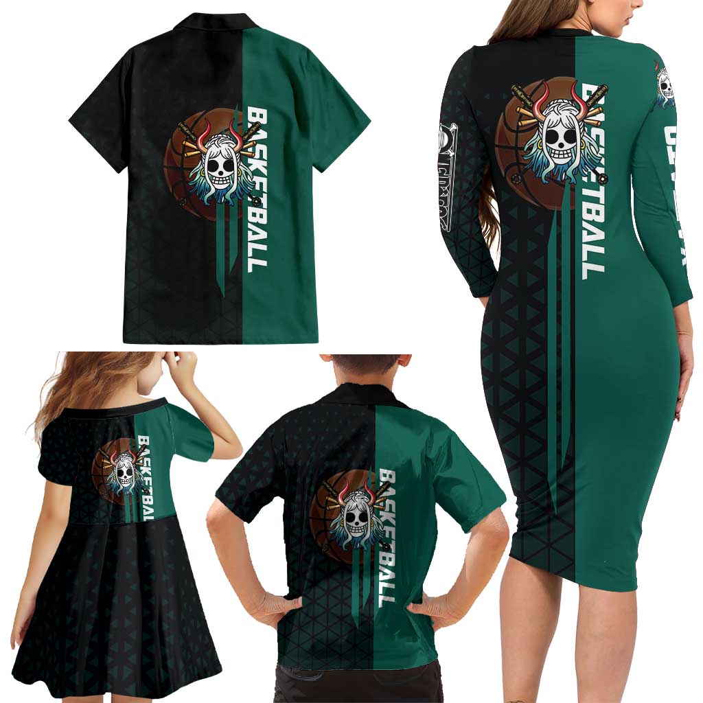 Yamato One Piece Basketball Theme Green and Black Design Family Matching Long Sleeve Bodycon Dress and Hawaiian Shirt with Oni Mask Emblem and Dynamic Pose