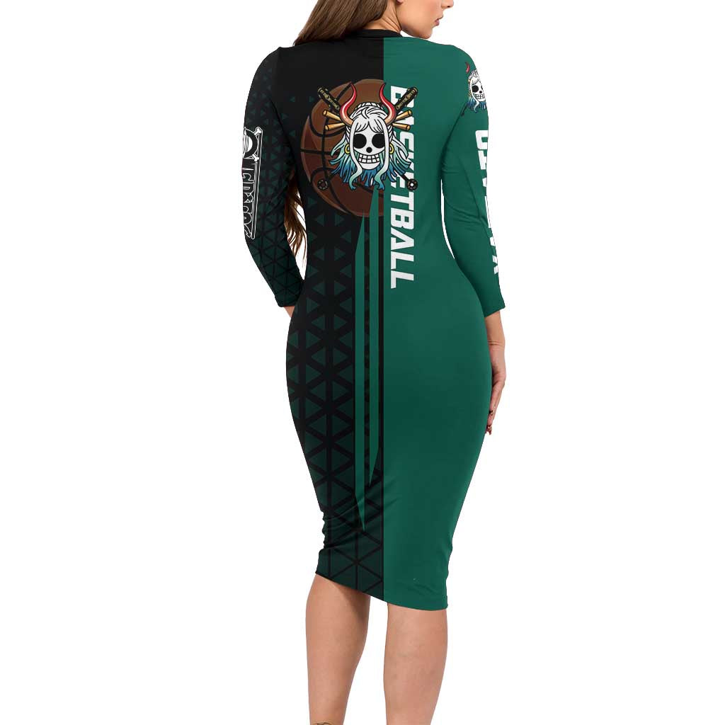 Yamato One Piece Basketball Theme Green and Black Design Family Matching Long Sleeve Bodycon Dress and Hawaiian Shirt with Oni Mask Emblem and Dynamic Pose