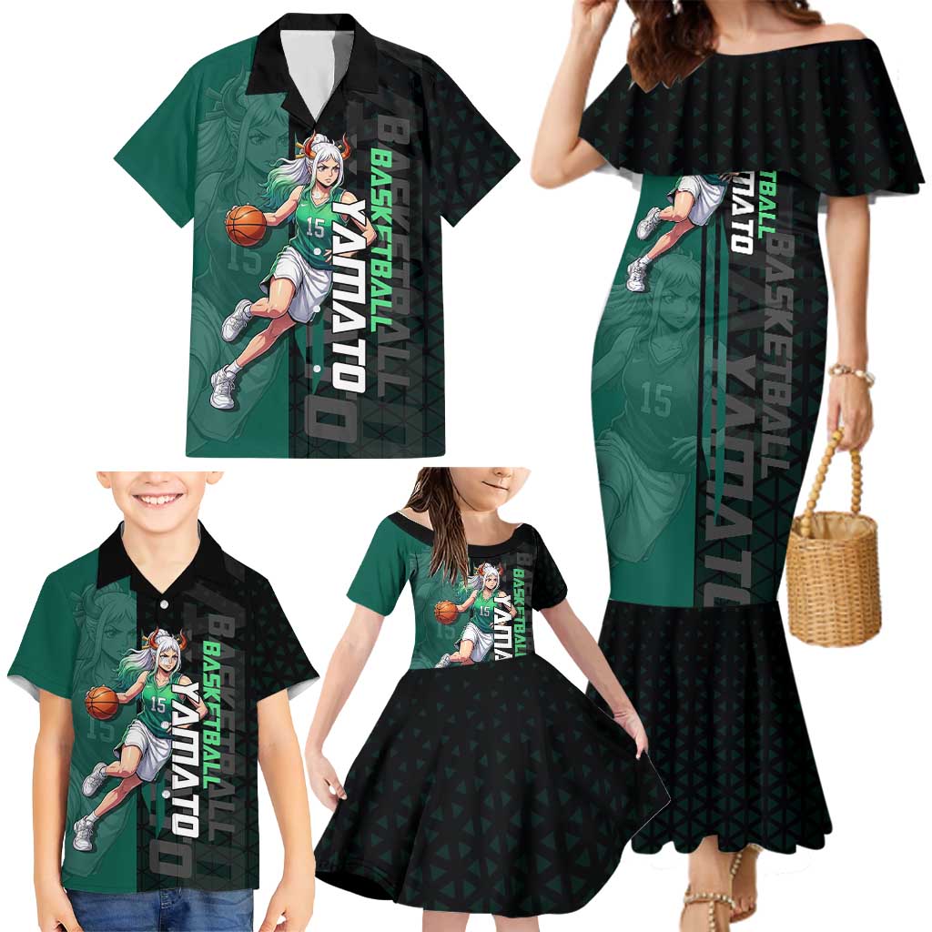 Yamato One Piece Basketball Theme Green and Black Design Family Matching Mermaid Dress and Hawaiian Shirt with Oni Mask Emblem and Dynamic Pose