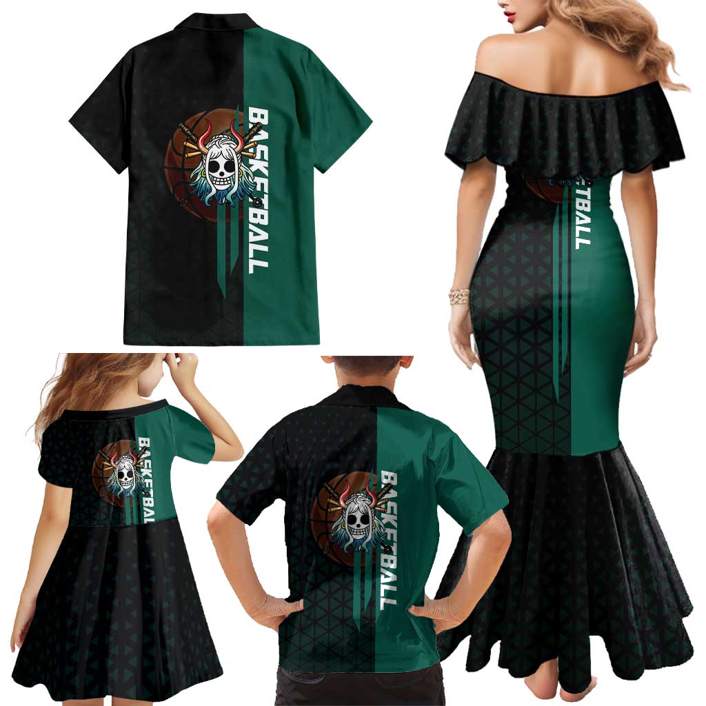 Yamato One Piece Basketball Theme Green and Black Design Family Matching Mermaid Dress and Hawaiian Shirt with Oni Mask Emblem and Dynamic Pose