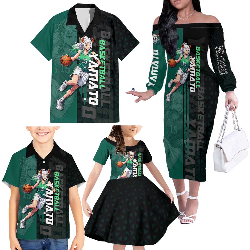 Yamato One Piece Basketball Theme Green and Black Design Family Matching Off The Shoulder Long Sleeve Dress and Hawaiian Shirt with Oni Mask Emblem and Dynamic Pose