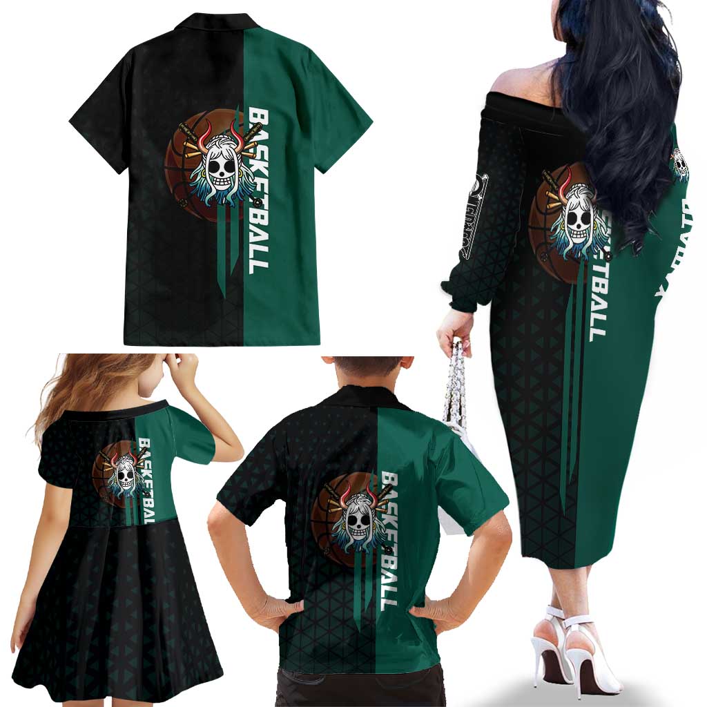 Yamato One Piece Basketball Theme Green and Black Design Family Matching Off The Shoulder Long Sleeve Dress and Hawaiian Shirt with Oni Mask Emblem and Dynamic Pose