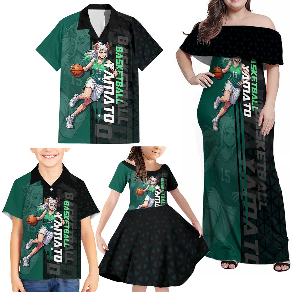 Yamato One Piece Basketball Theme Green and Black Design Family Matching Off Shoulder Maxi Dress and Hawaiian Shirt with Oni Mask Emblem and Dynamic Pose