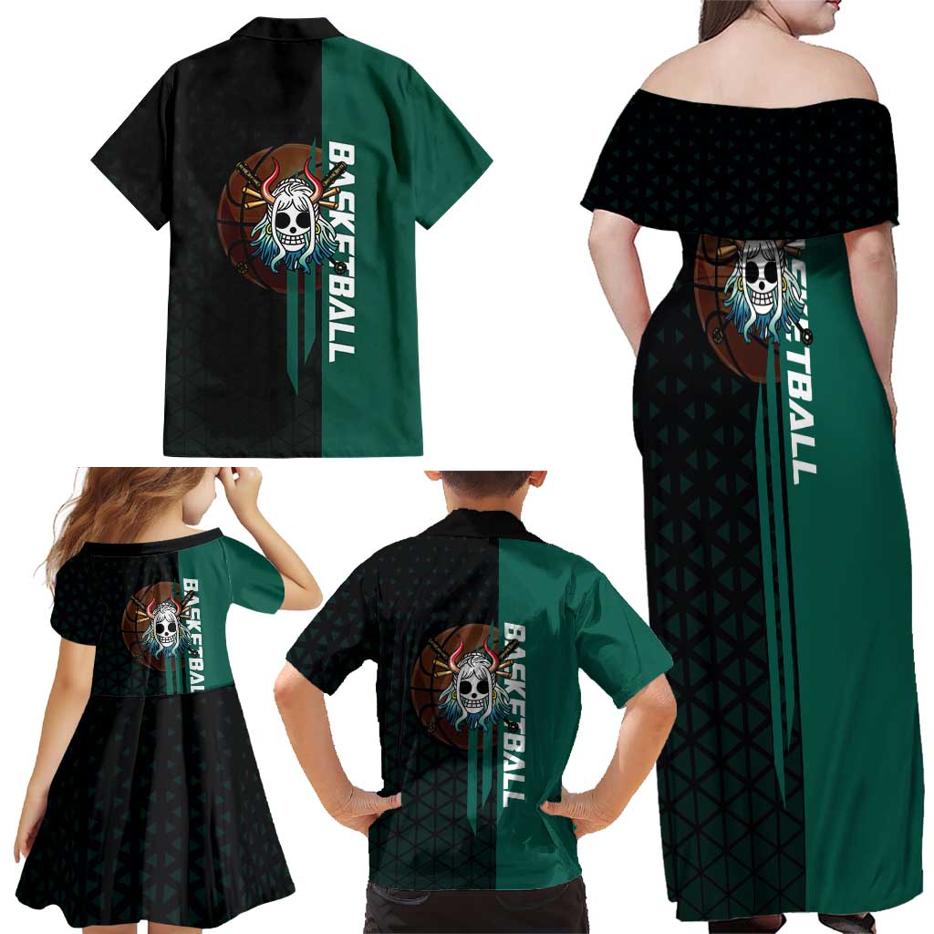 Yamato One Piece Basketball Theme Green and Black Design Family Matching Off Shoulder Maxi Dress and Hawaiian Shirt with Oni Mask Emblem and Dynamic Pose