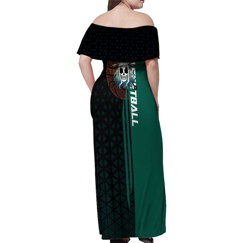 Yamato One Piece Basketball Theme Green and Black Design Family Matching Off Shoulder Maxi Dress and Hawaiian Shirt with Oni Mask Emblem and Dynamic Pose