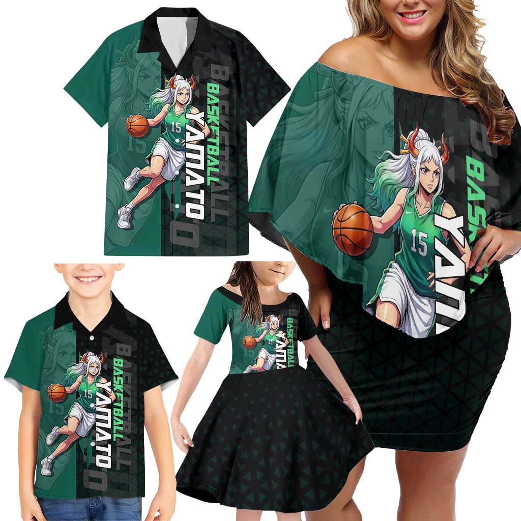 Yamato One Piece Basketball Theme Green and Black Design Family Matching Off Shoulder Short Dress and Hawaiian Shirt with Oni Mask Emblem and Dynamic Pose