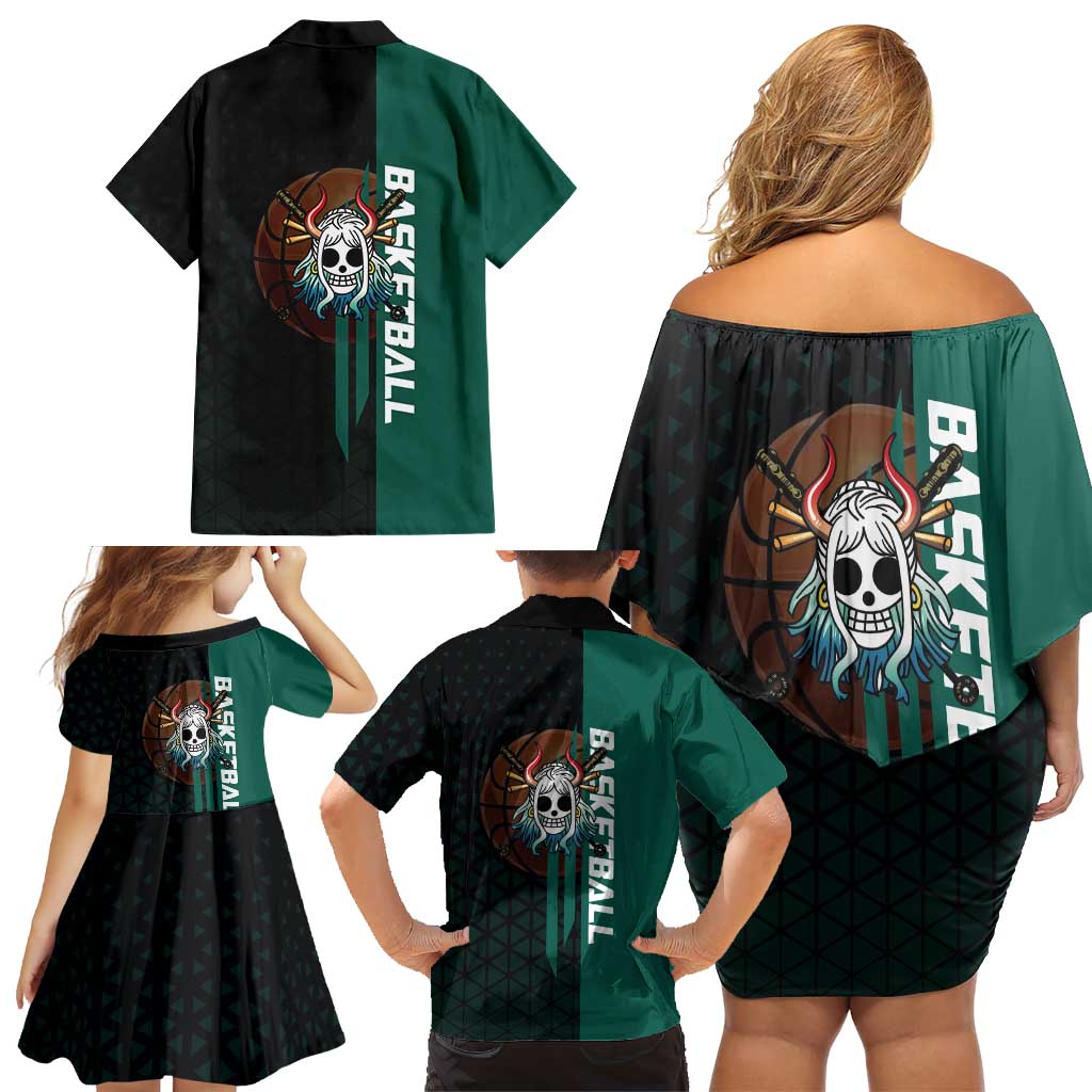 Yamato One Piece Basketball Theme Green and Black Design Family Matching Off Shoulder Short Dress and Hawaiian Shirt with Oni Mask Emblem and Dynamic Pose