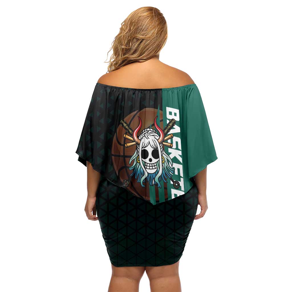 Yamato One Piece Basketball Theme Green and Black Design Family Matching Off Shoulder Short Dress and Hawaiian Shirt with Oni Mask Emblem and Dynamic Pose