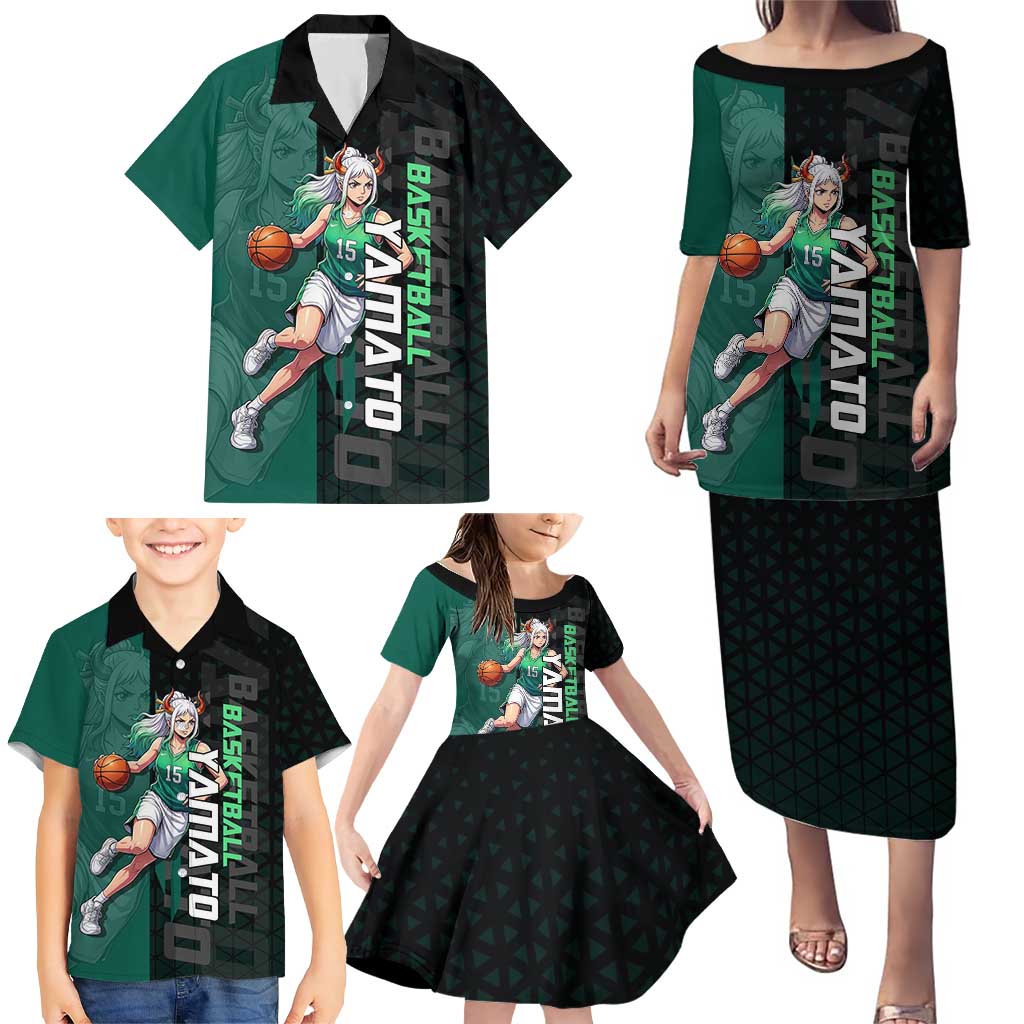Yamato One Piece Basketball Theme Green and Black Design Family Matching Puletasi and Hawaiian Shirt with Oni Mask Emblem and Dynamic Pose