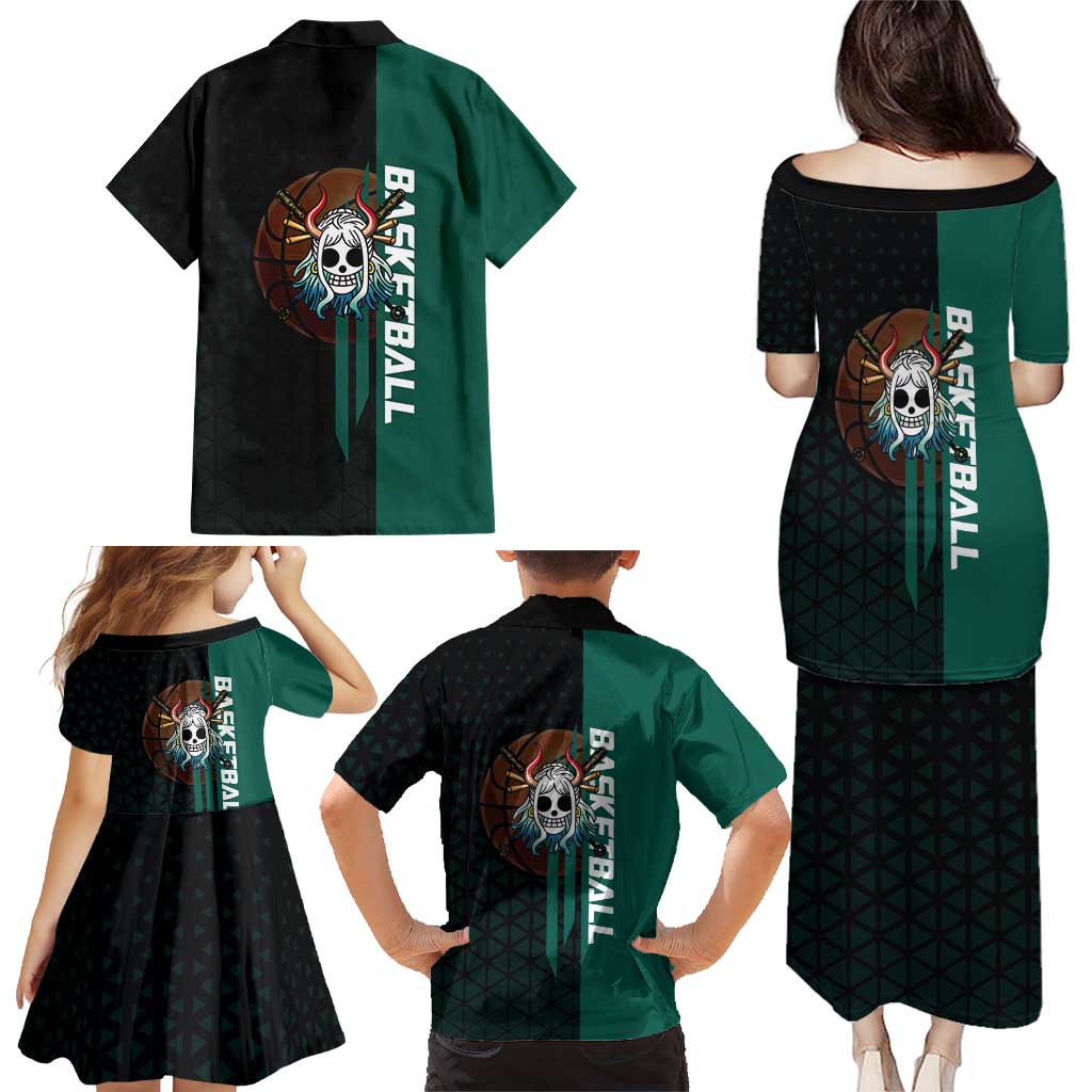Yamato One Piece Basketball Theme Green and Black Design Family Matching Puletasi and Hawaiian Shirt with Oni Mask Emblem and Dynamic Pose