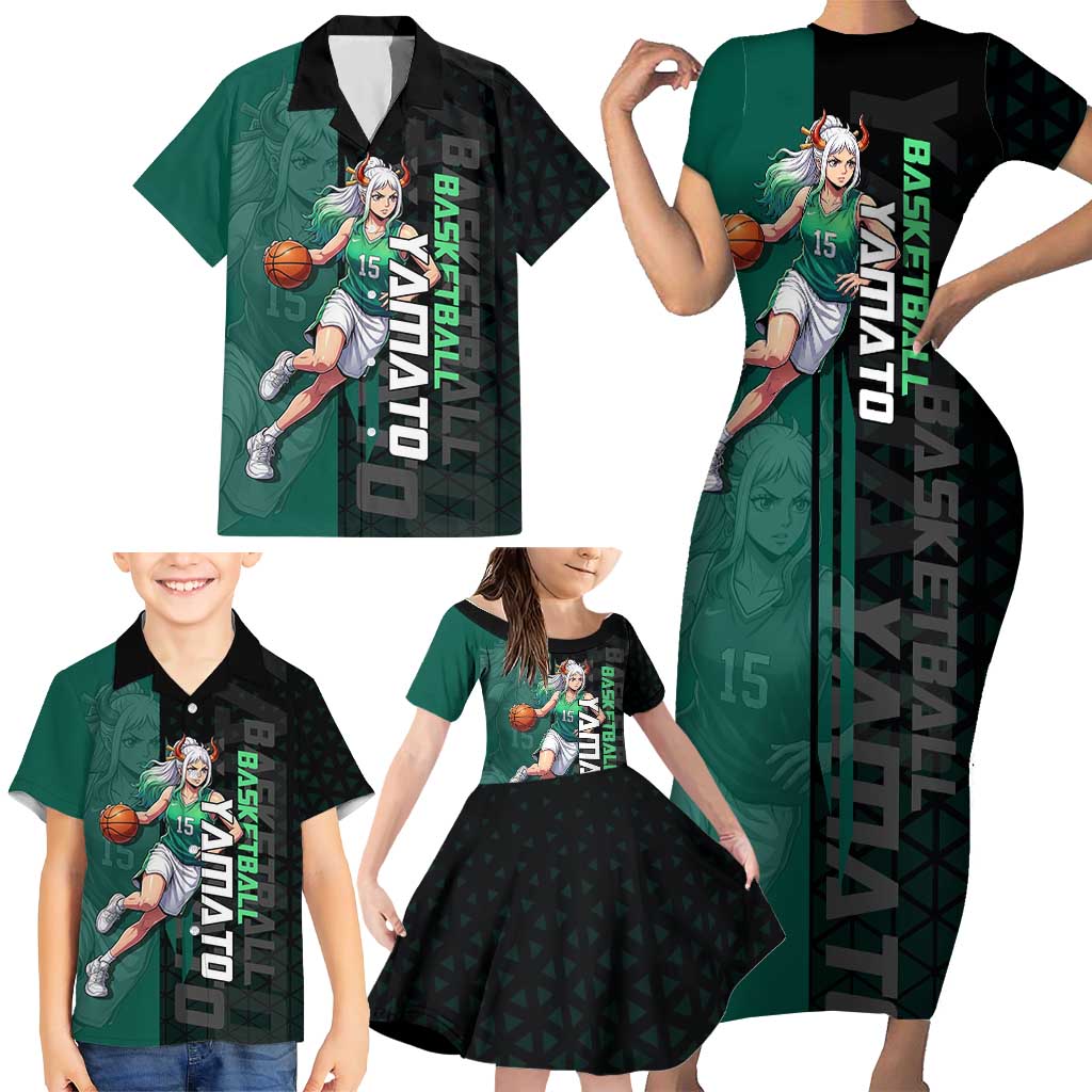 Yamato One Piece Basketball Theme Green and Black Design Family Matching Short Sleeve Bodycon Dress and Hawaiian Shirt with Oni Mask Emblem and Dynamic Pose