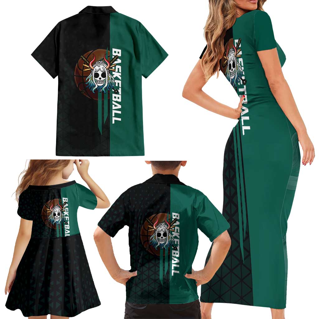 Yamato One Piece Basketball Theme Green and Black Design Family Matching Short Sleeve Bodycon Dress and Hawaiian Shirt with Oni Mask Emblem and Dynamic Pose