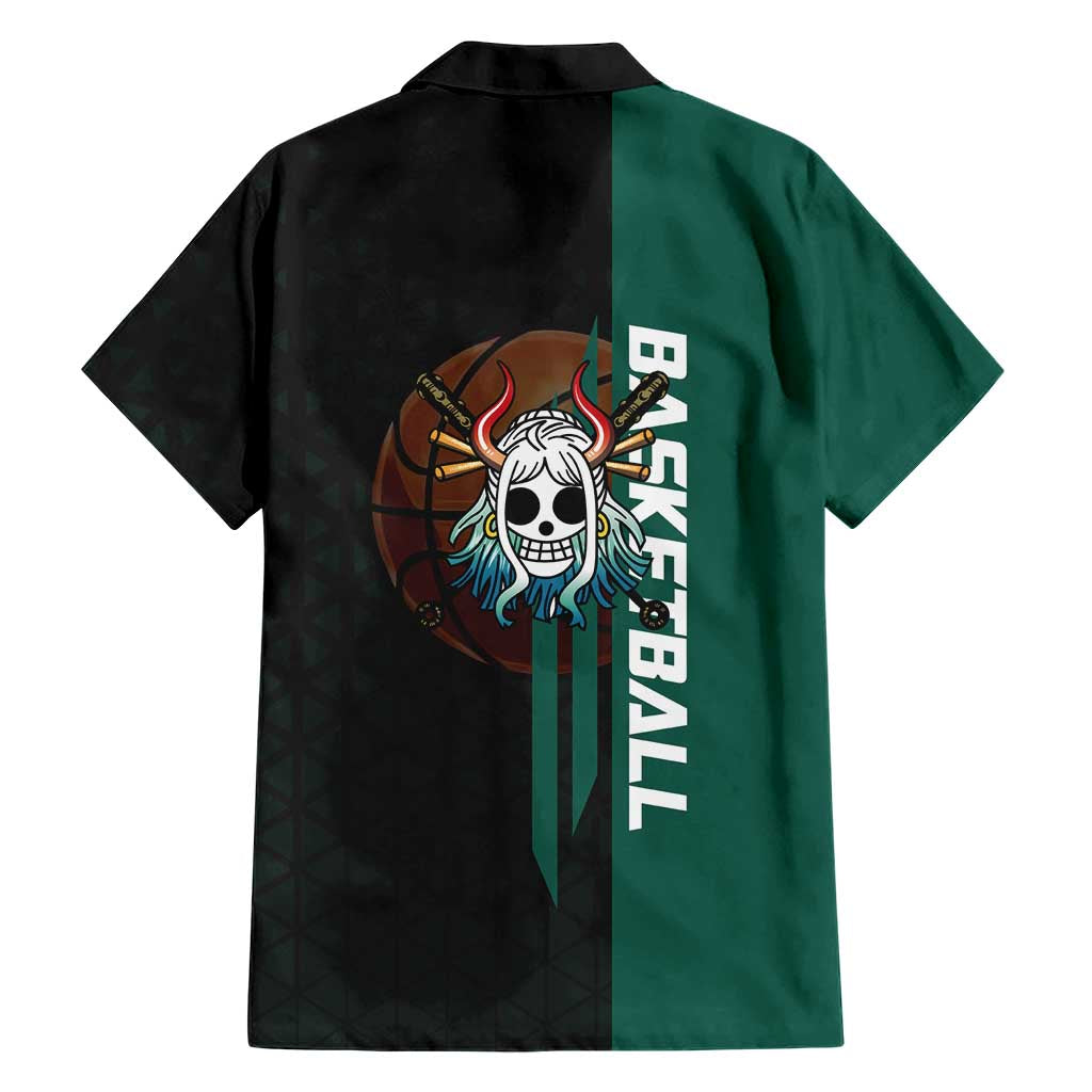 Yamato One Piece Basketball Theme Green and Black Design Family Matching Short Sleeve Bodycon Dress and Hawaiian Shirt with Oni Mask Emblem and Dynamic Pose