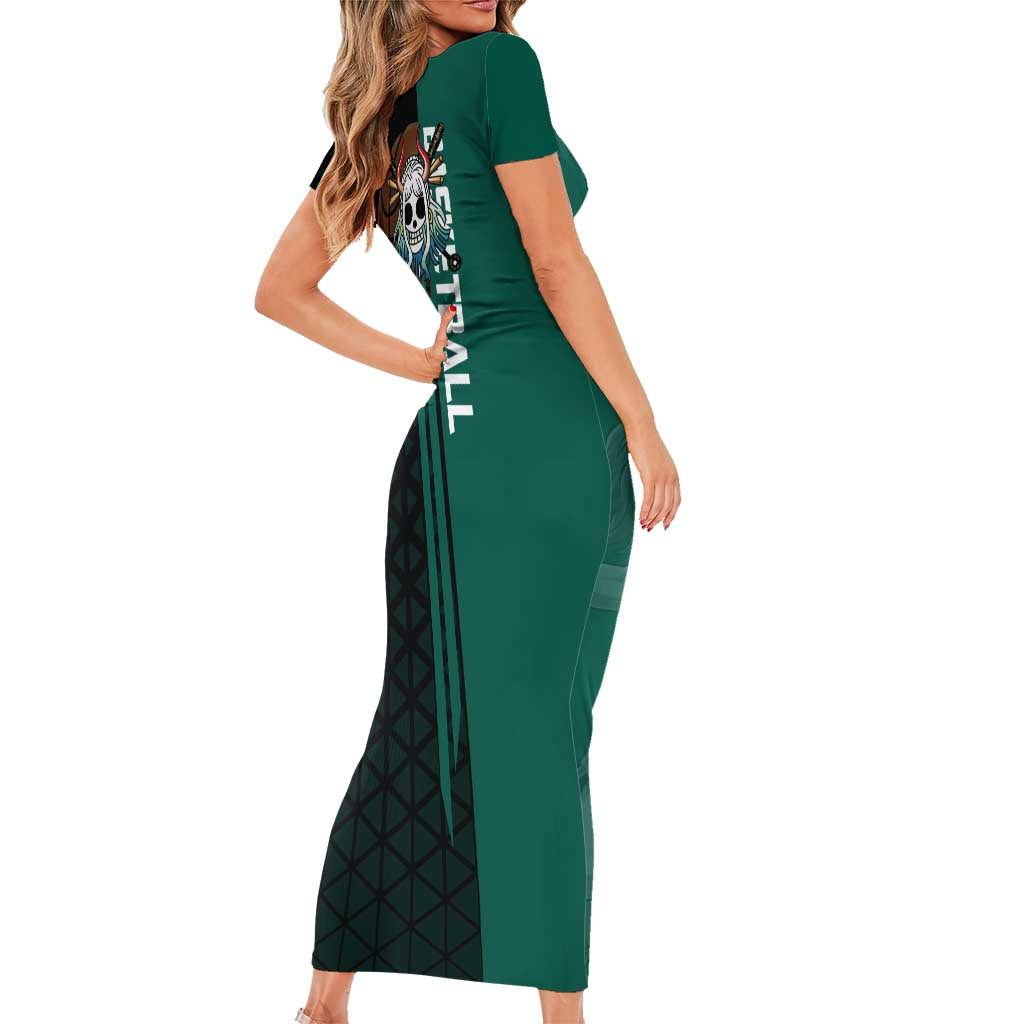 Yamato One Piece Basketball Theme Green and Black Design Family Matching Short Sleeve Bodycon Dress and Hawaiian Shirt with Oni Mask Emblem and Dynamic Pose