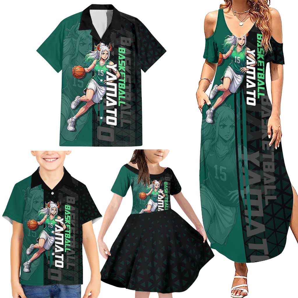 Yamato One Piece Basketball Theme Green and Black Design Family Matching Summer Maxi Dress and Hawaiian Shirt with Oni Mask Emblem and Dynamic Pose