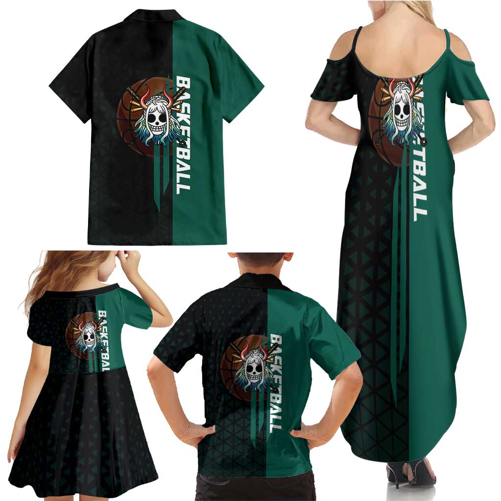 Yamato One Piece Basketball Theme Green and Black Design Family Matching Summer Maxi Dress and Hawaiian Shirt with Oni Mask Emblem and Dynamic Pose