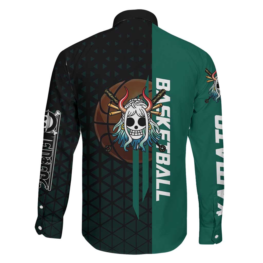 Yamato One Piece Basketball Theme Green and Black Design Family Matching Summer Maxi Dress and Hawaiian Shirt with Oni Mask Emblem and Dynamic Pose