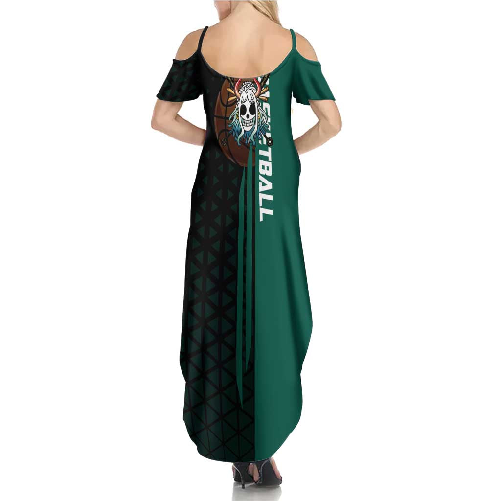 Yamato One Piece Basketball Theme Green and Black Design Family Matching Summer Maxi Dress and Hawaiian Shirt with Oni Mask Emblem and Dynamic Pose