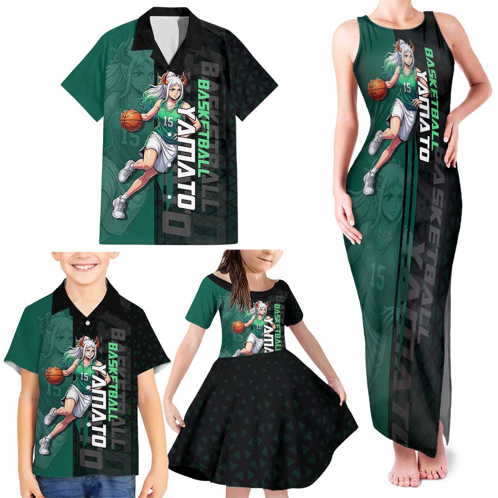 Yamato One Piece Basketball Theme Green and Black Design Family Matching Tank Maxi Dress and Hawaiian Shirt with Oni Mask Emblem and Dynamic Pose