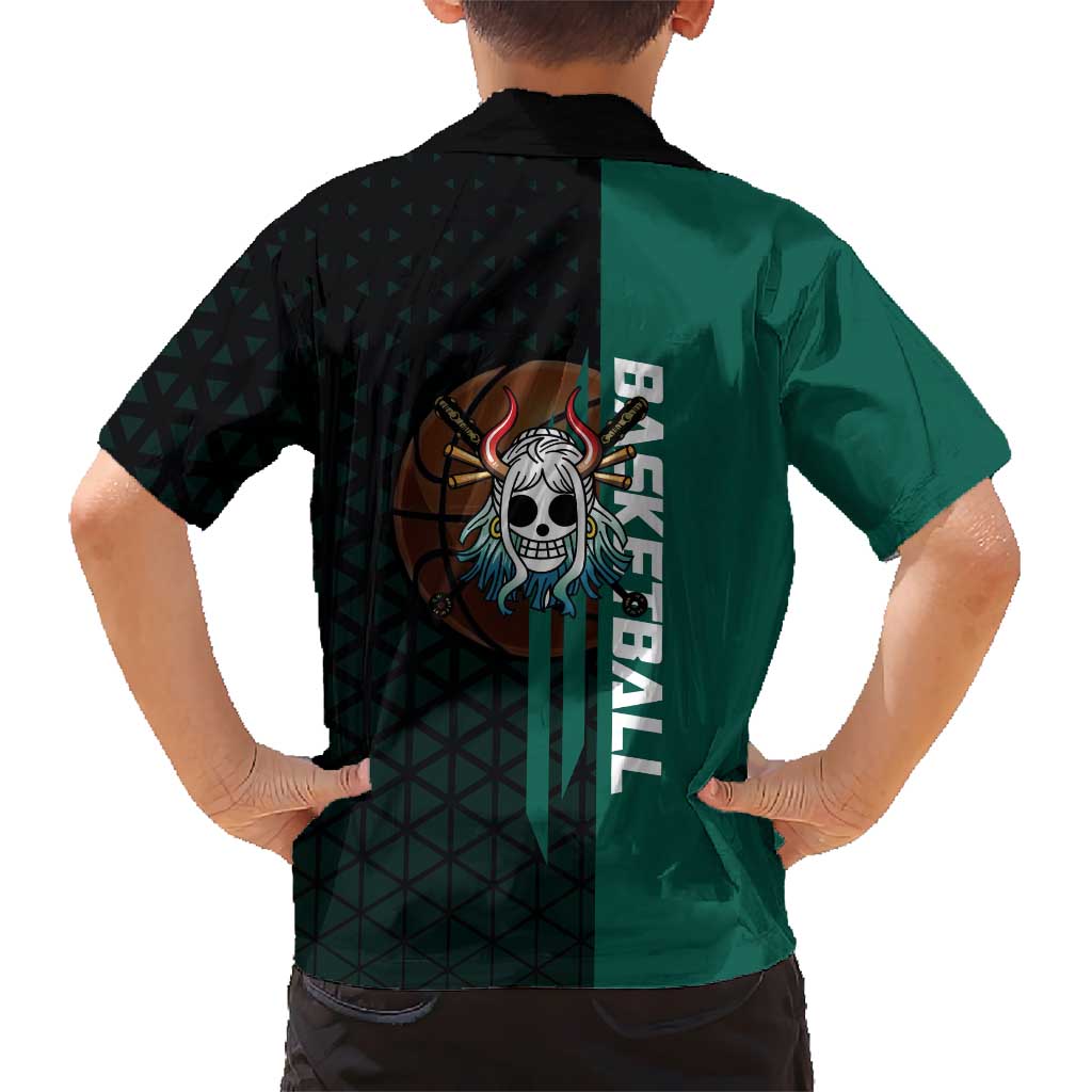 Yamato One Piece Basketball Theme Green and Black Design Family Matching Tank Maxi Dress and Hawaiian Shirt with Oni Mask Emblem and Dynamic Pose