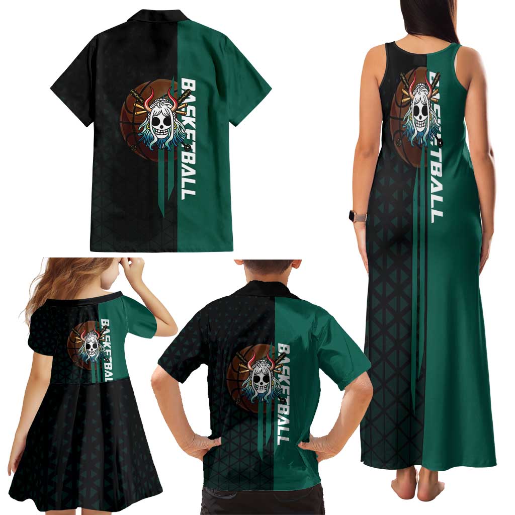 Yamato One Piece Basketball Theme Green and Black Design Family Matching Tank Maxi Dress and Hawaiian Shirt with Oni Mask Emblem and Dynamic Pose