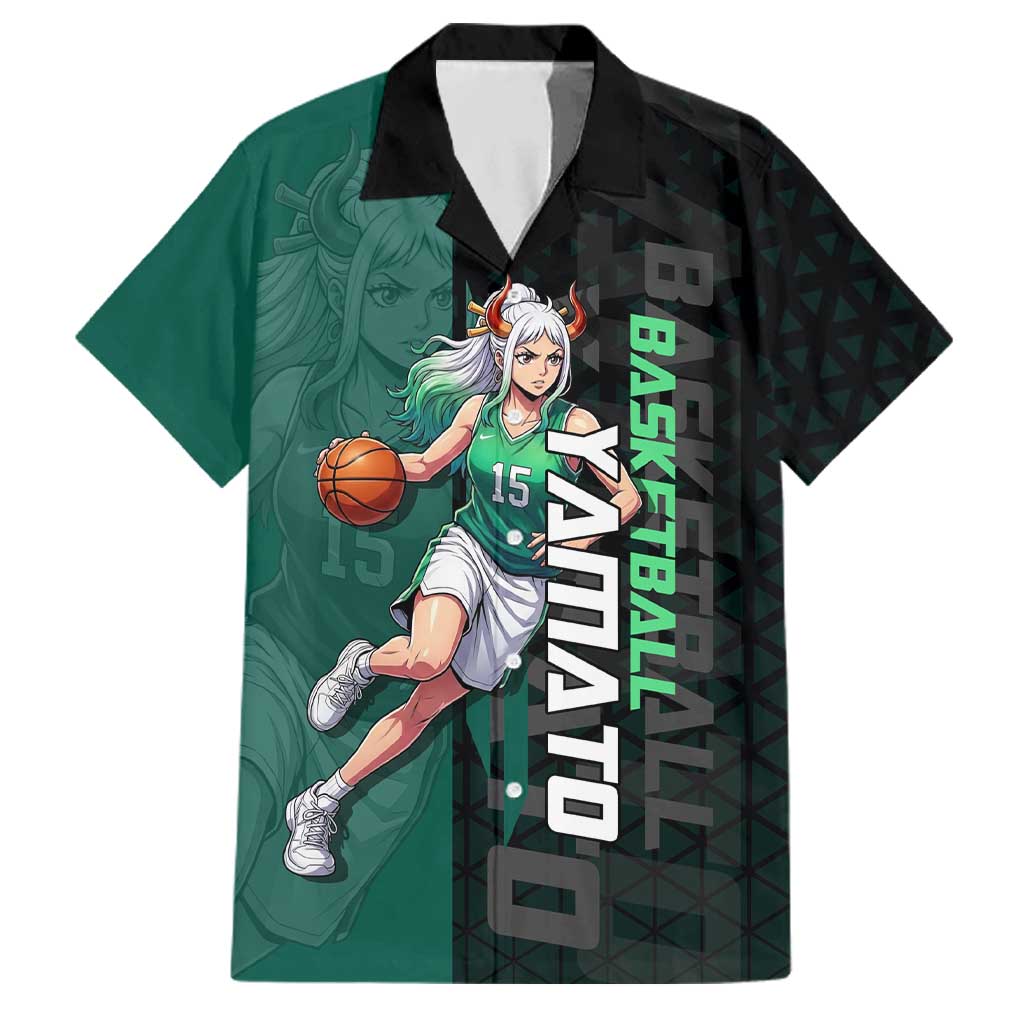 Yamato One Piece Basketball Theme Green and Black Design Family Matching Tank Maxi Dress and Hawaiian Shirt with Oni Mask Emblem and Dynamic Pose