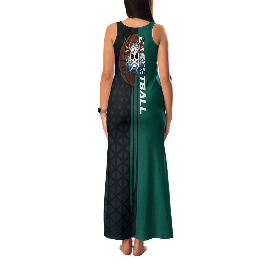 Yamato One Piece Basketball Theme Green and Black Design Family Matching Tank Maxi Dress and Hawaiian Shirt with Oni Mask Emblem and Dynamic Pose