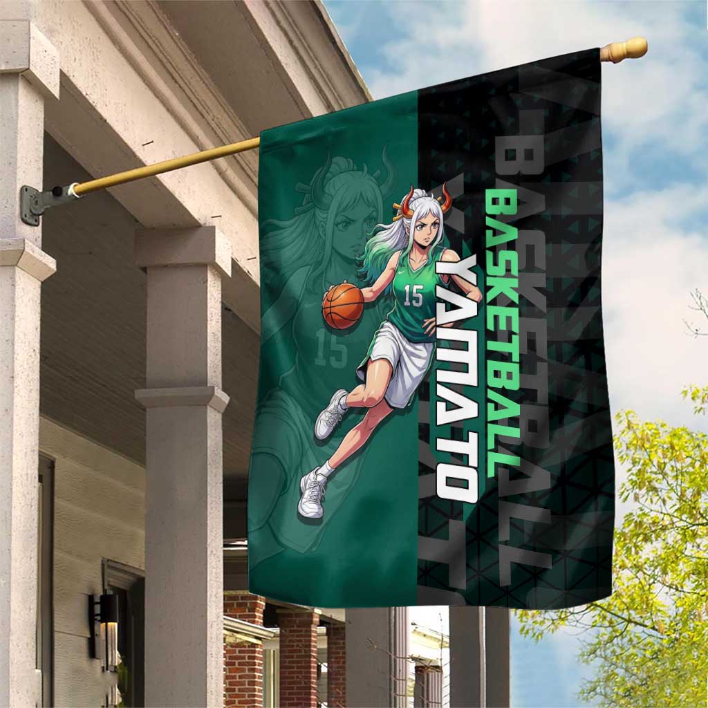 Yamato One Piece Basketball Theme Green and Black Design Garden Flag with Oni Mask Emblem and Dynamic Pose - The Mazicc