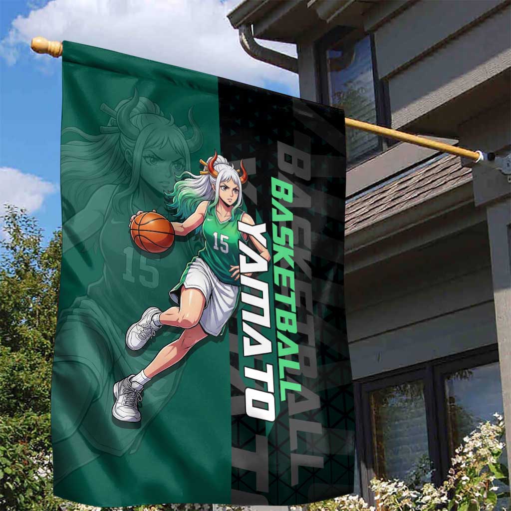 Yamato One Piece Basketball Theme Green and Black Design Garden Flag with Oni Mask Emblem and Dynamic Pose - The Mazicc