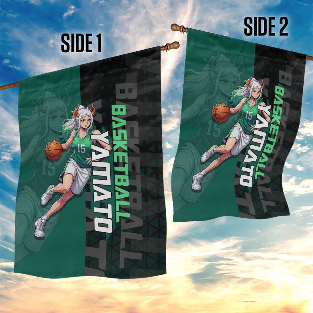 Yamato One Piece Basketball Theme Green and Black Design Garden Flag with Oni Mask Emblem and Dynamic Pose - The Mazicc