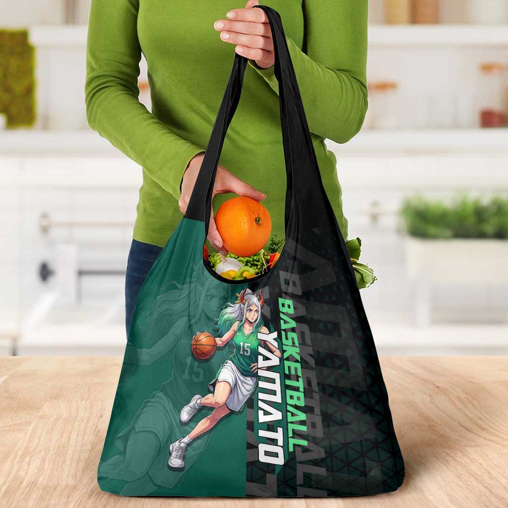 Yamato One Piece Basketball Theme Green and Black Design Grocery Bag with Oni Mask Emblem and Dynamic Pose - The Mazicc