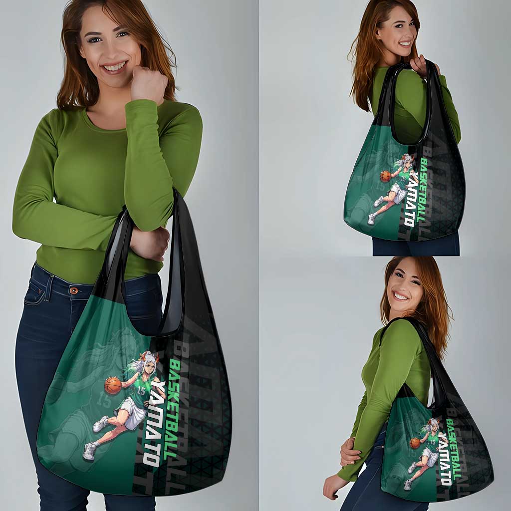 Yamato One Piece Basketball Theme Green and Black Design Grocery Bag with Oni Mask Emblem and Dynamic Pose - The Mazicc
