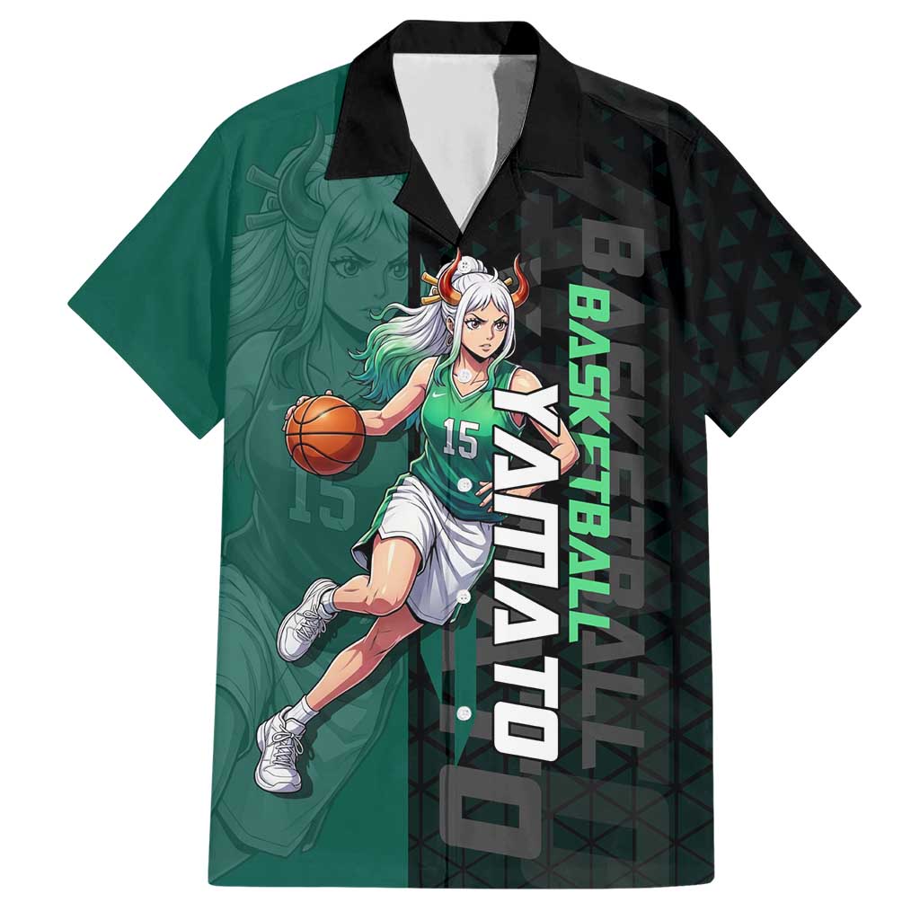 Yamato One Piece Basketball Theme Green and Black Design Hawaiian Shirt with Oni Mask Emblem and Dynamic Pose - The Mazicc