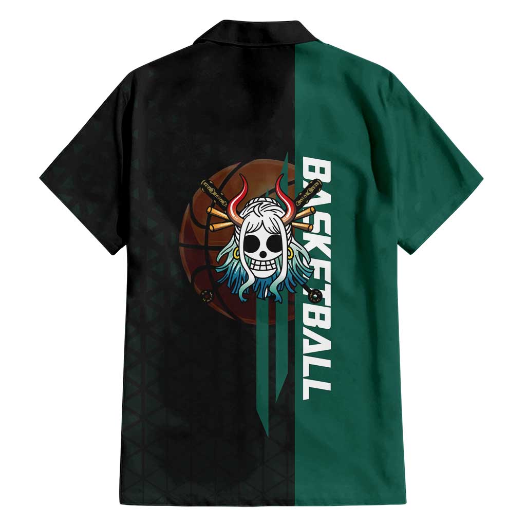 Yamato One Piece Basketball Theme Green and Black Design Hawaiian Shirt with Oni Mask Emblem and Dynamic Pose - The Mazicc