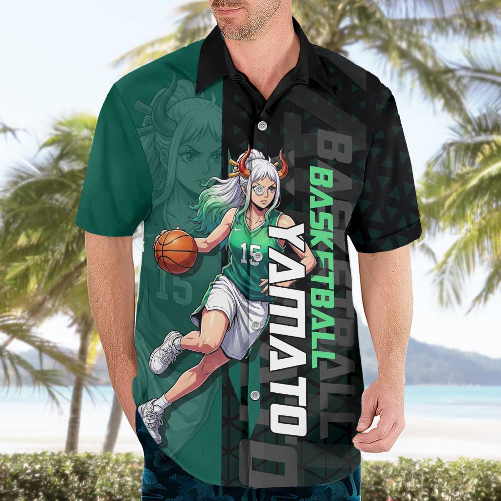 Yamato One Piece Basketball Theme Green and Black Design Hawaiian Shirt with Oni Mask Emblem and Dynamic Pose - The Mazicc