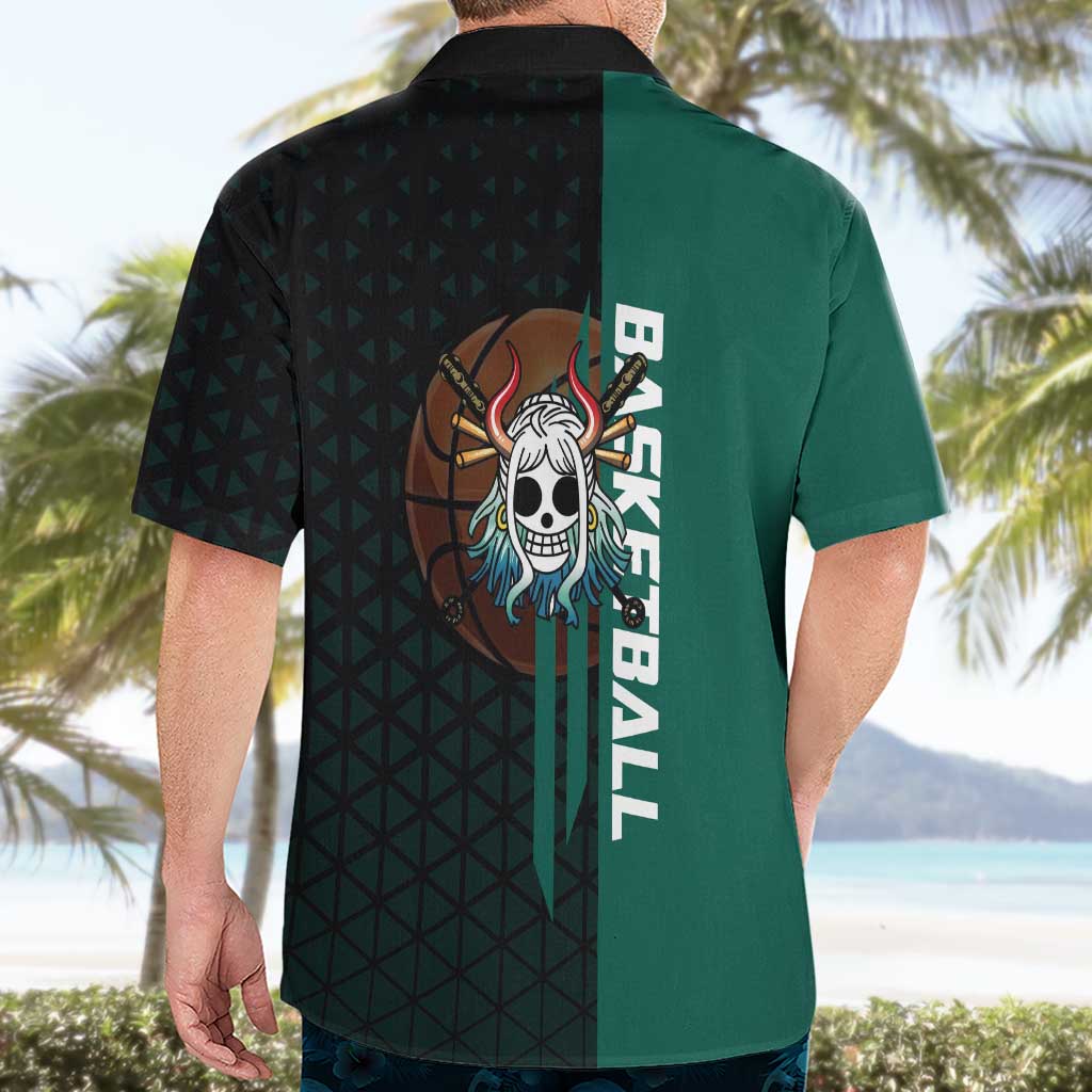 Yamato One Piece Basketball Theme Green and Black Design Hawaiian Shirt with Oni Mask Emblem and Dynamic Pose - The Mazicc
